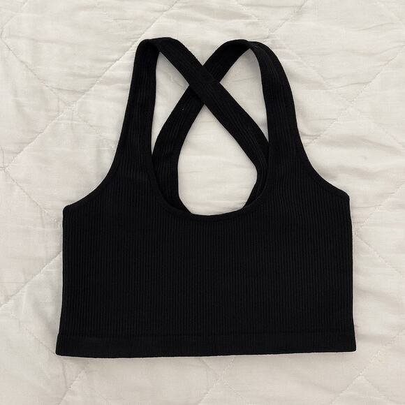 Spiritual Gangster Black Ribbed Sports Bra Crop Tank Crisscross Activewear XS/S - Picture 2 of 5